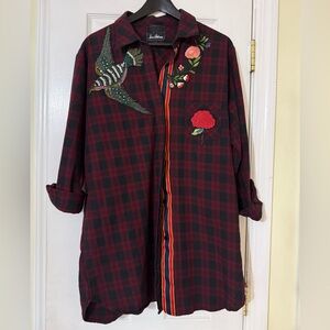 Sam Edelman Red and Black Plaid Shirt with Embroidery L